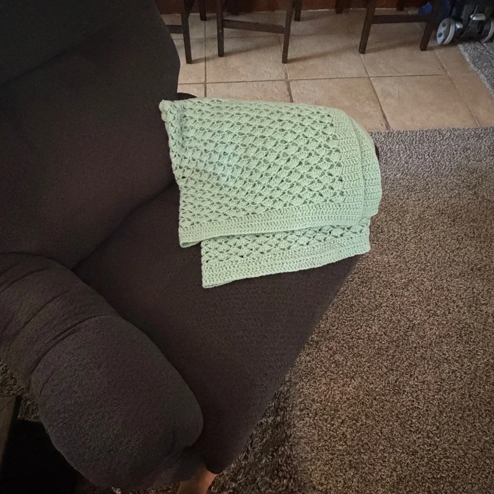 Handmade Mint Green Crochet Shell Stitch Throw Blanket 36x44 Soft Pastel Afghan